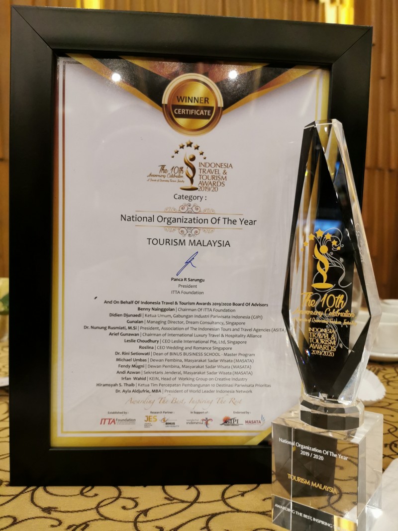 TOURISM MALAYSIA NAMED NATIONAL ORGANISATION OF THE YEAR AT THE 10TH INDONESIA TRAVEL AND TOURISM AWARDS 2019/20