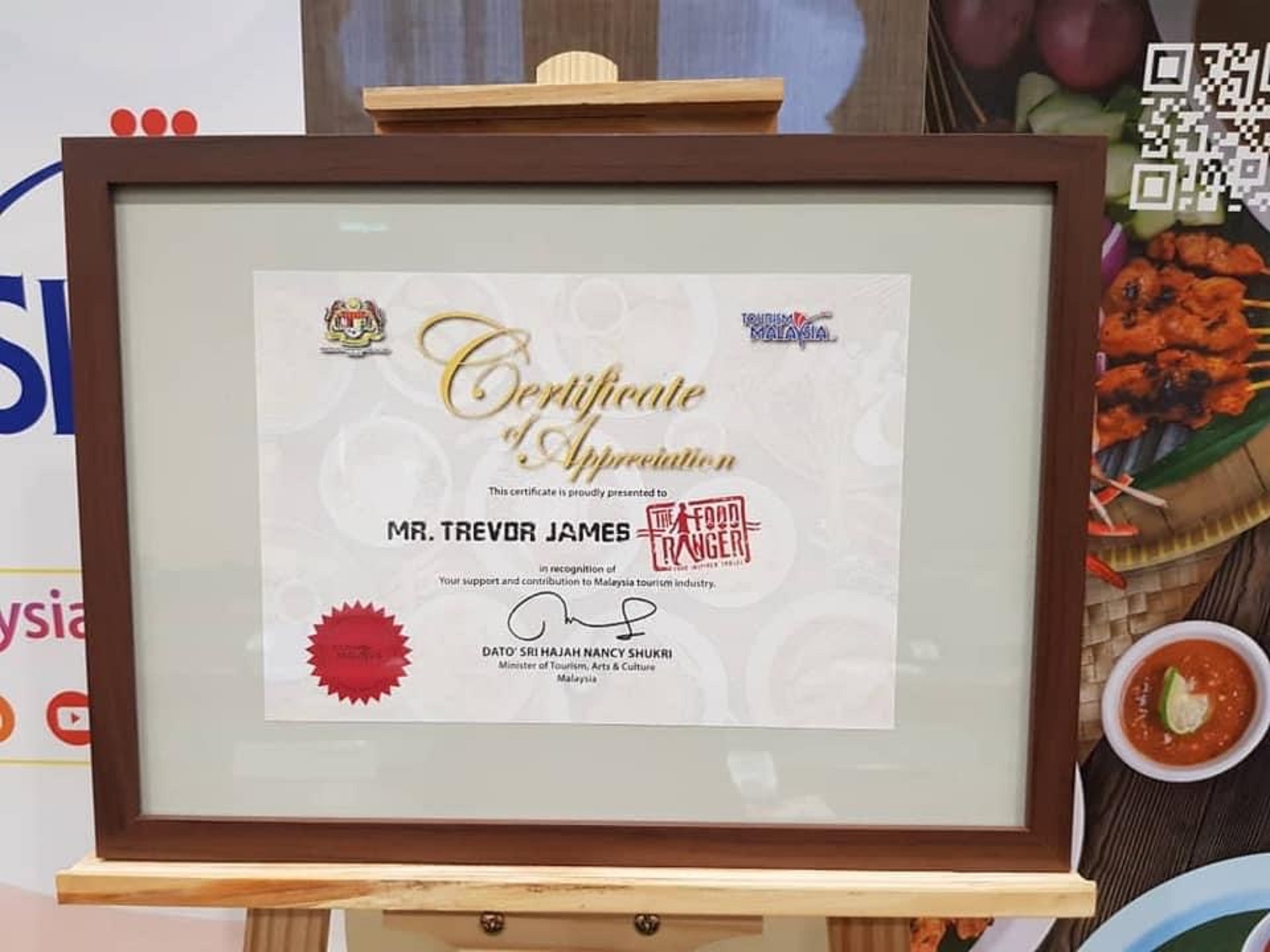 Certificate of Appreciation to The Food Ranger "The Ultimate Malaysia Road Trip" by Minister of Tourism, Arts and Culture Malaysia